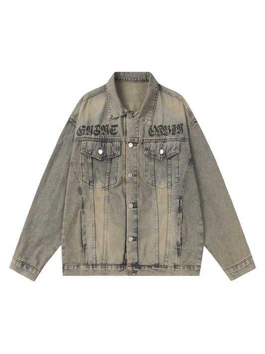 Washed Vintage Letter Print Denim Jacket